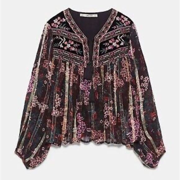 ZARA VELVET EMBROIDERED TIE UP BLOUSE - Picture 4 of 9
